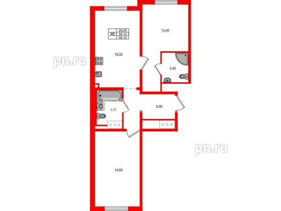 Квартира в ЖК «Дыбенко Парк», 2 комнатная, 58.1 м², 17 этаж