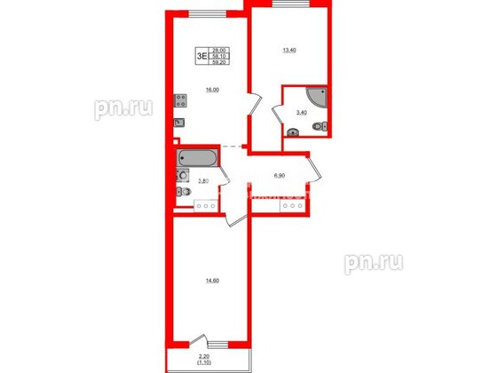 Квартира в ЖК «Дыбенко Парк», 2 комнатная, 59.2 м², 18 этаж