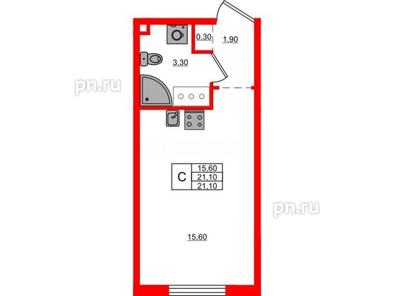 Квартира в ЖК Дыбенко Парк, студия, 21.1 м², 9 этаж