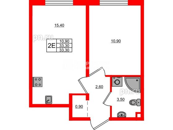 Квартира в ЖК Дыбенко Парк, 1 комнатная, 33.3 м², 6 этаж