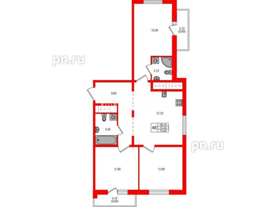Квартира в ЖК «Дыбенко Парк», 3 комнатная, 73.4 м², 15 этаж