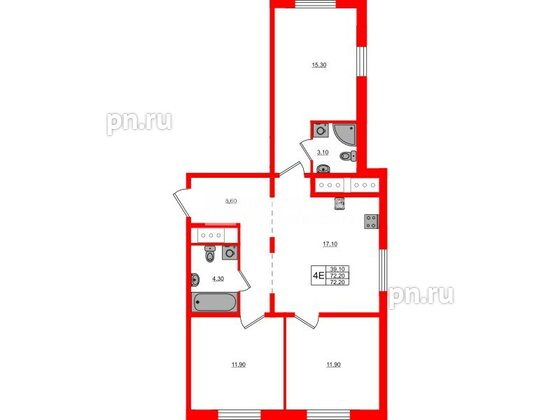 Квартира в ЖК «Дыбенко Парк», 3 комнатная, 72.2 м², 18 этаж