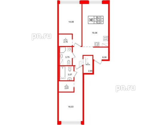 Квартира в ЖК Айди Петроградская, 2 комнатная, 73.31 м², 6 этаж