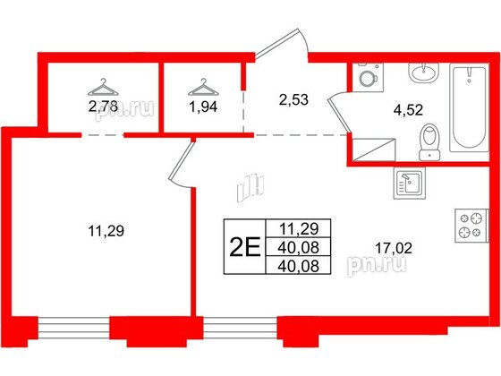 Квартира в ЖК ID Петроградская, 1 комнатная, 40.08 м², 6 этаж