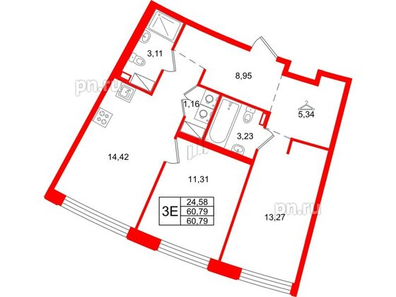 Квартира в ЖК Айди Петроградская, 2 комнатная, 60.79 м², 6 этаж