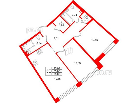 Квартира в ЖК Айди Петроградская, 2 комнатная, 65.03 м², 2 этаж
