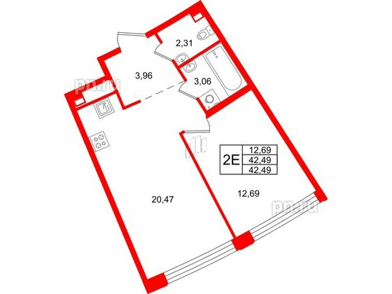 Квартира в ЖК ID Петроградская, 1 комнатная, 42.05 м², 2 этаж