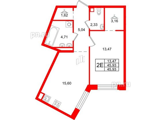 Квартира в ЖК ID Петроградская, 1 комнатная, 45.93 м², 2 этаж