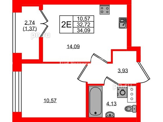Квартира в ЖК «Новый Питер», 1 комнатная, 34.09 м², 9 этаж