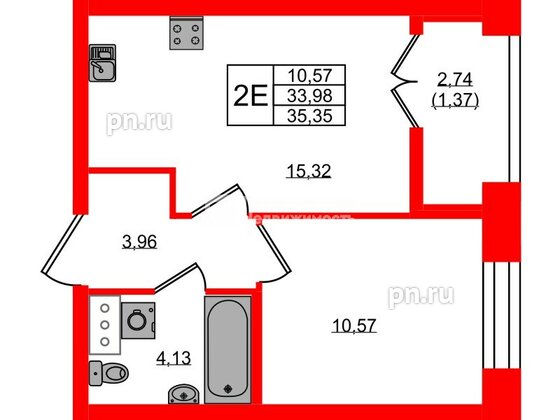 Квартира в ЖК «Новый Питер», 1 комнатная, 35.35 м², 5 этаж