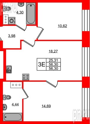 Квартира в ЖК NEWПИТЕР, 2 комнатная, 56.3 м², 3 этаж