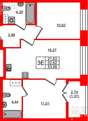 Квартира в ЖК NEWПИТЕР, 2 комнатная, 53.99 м², 5 этаж