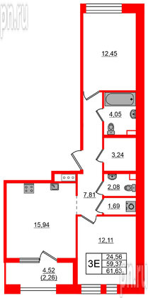 Квартира в ЖК Знатный, 2 комнатная, 61.63 м², 3 этаж