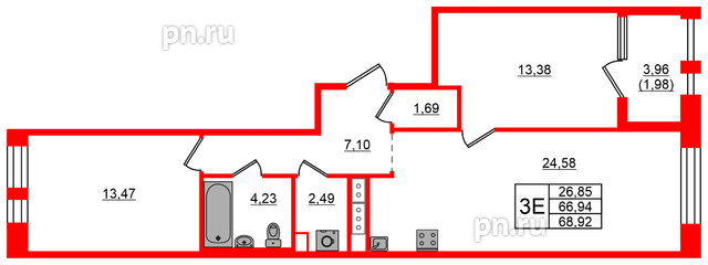 Квартира в ЖК Знатный, 2 комнатная, 68.92 м², 4 этаж