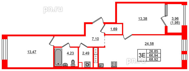 Квартира в ЖК Знатный, 2 комнатная, 68.92 м², 7 этаж