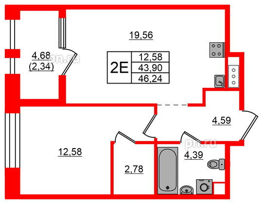 Квартира в ЖК Знатный, 1 комнатная, 46.24 м², 8 этаж