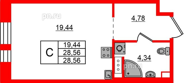 Квартира в ЖК Знатный, студия, 28.56 м², 7 этаж