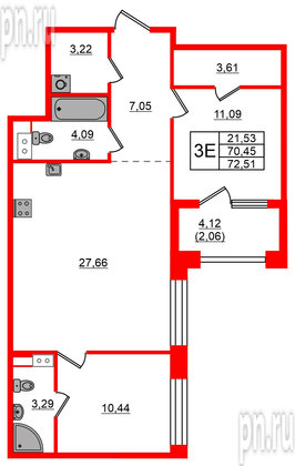 Квартира в ЖК Знатный, 2 комнатная, 72.51 м², 6 этаж