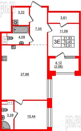 Квартира в ЖК Знатный, 2 комнатная, 72.51 м², 9 этаж