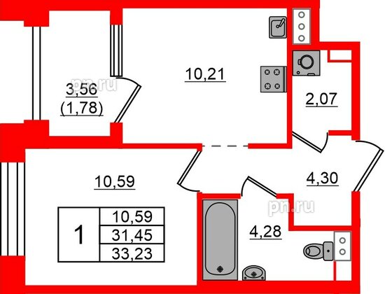 Квартира в ЖК Знатный, 1 комнатная, 33.23 м², 9 этаж