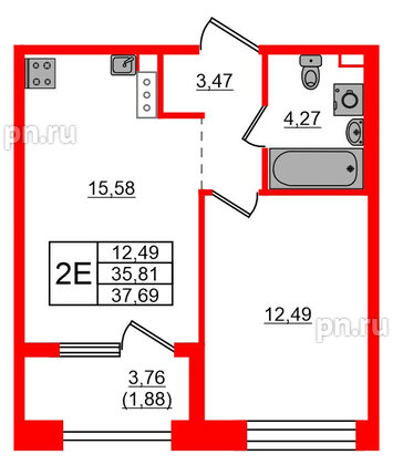 Квартира в ЖК Знатный, 1 комнатная, 37.69 м², 8 этаж