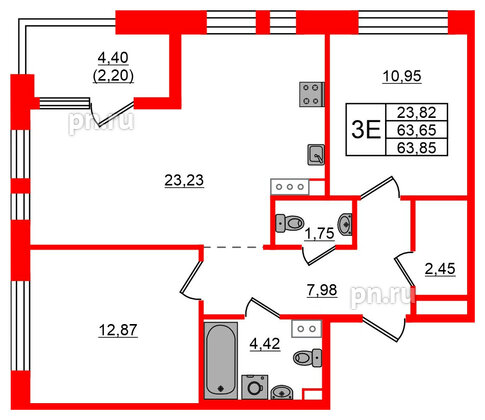 Квартира в ЖК Знатный, 2 комнатная, 65.85 м², 3 этаж
