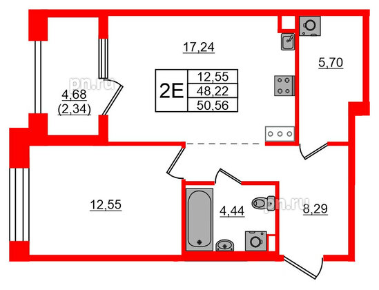 Квартира в ЖК Знатный, 1 комнатная, 50.56 м², 8 этаж