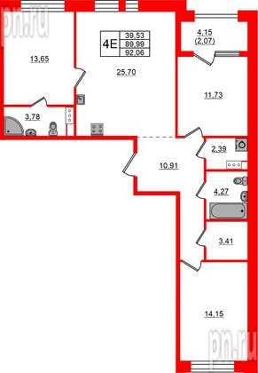 Квартира в ЖК Знатный, 3 комнатная, 92.06 м², 4 этаж