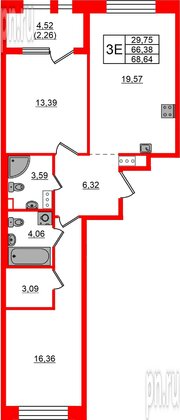 Квартира в ЖК Знатный, 2 комнатная, 68.64 м², 3 этаж