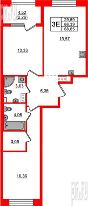 Квартира в ЖК Знатный, 2 комнатная, 68.65 м², 9 этаж