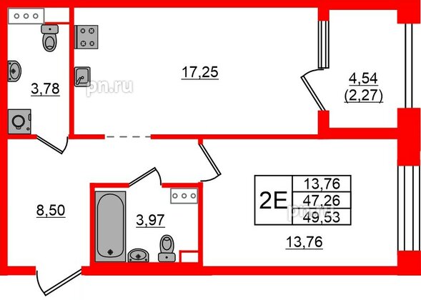Квартира в ЖК Знатный, 1 комнатная, 49.53 м², 8 этаж