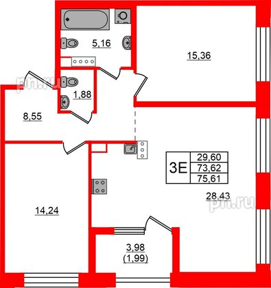 Квартира в ЖК Знатный, 2 комнатная, 75.61 м², 9 этаж
