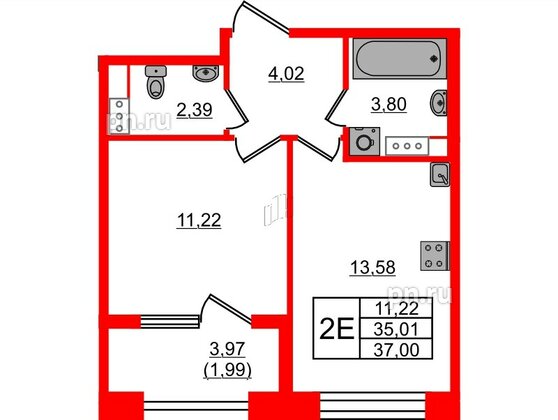 Квартира в ЖК Знатный, 1 комнатная, 37 м², 7 этаж