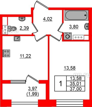 Квартира в ЖК Знатный, 1 комнатная, 37 м², 12 этаж