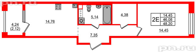 Квартира в ЖК Знатный, 1 комнатная, 48.2 м², 7 этаж