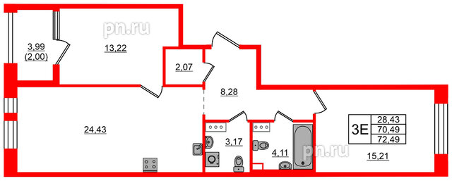 Квартира в ЖК Знатный, 2 комнатная, 72.49 м², 5 этаж