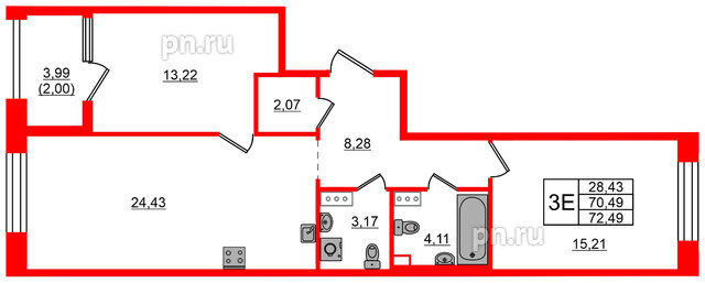 Квартира в ЖК Знатный, 2 комнатная, 72.49 м², 8 этаж
