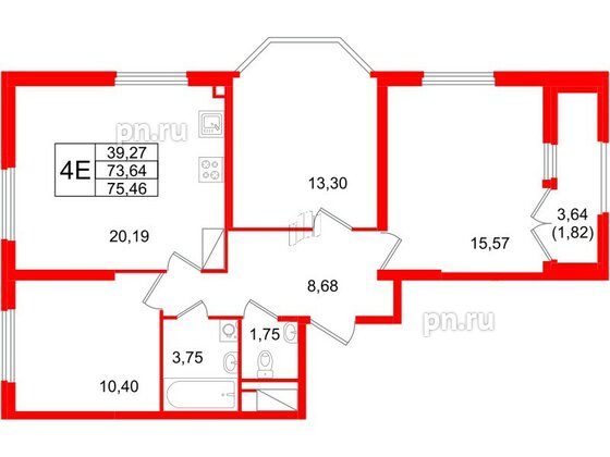 Квартира в ЖК Цивилизация на Неве, 3 комнатная, 75.46 м², 6 этаж
