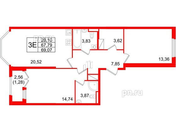 Квартира в ЖК Цивилизация на Неве, 2 комнатная, 69.07 м², 10 этаж