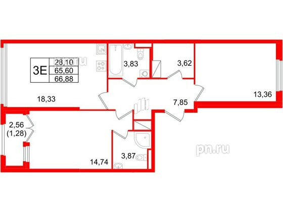 Квартира в ЖК Цивилизация на Неве, 2 комнатная, 66.88 м², 15 этаж