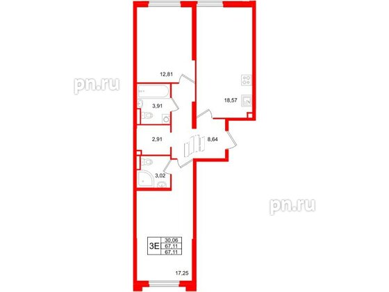 Квартира в ЖК Цивилизация на Неве, 2 комнатная, 67.28 м², 2 этаж