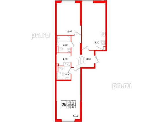 Квартира в ЖК Цивилизация на Неве, 2 комнатная, 66.43 м², 5 этаж