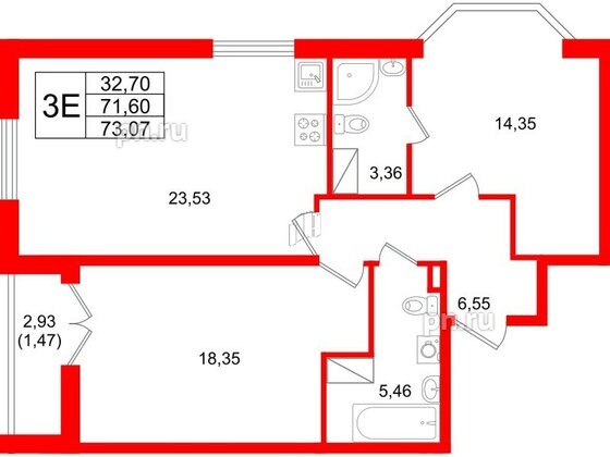 Квартира в ЖК Цивилизация на Неве, 2 комнатная, 73.07 м², 10 этаж