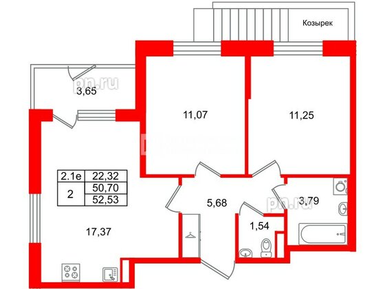 Квартира в ЖК «Парадный ансамбль», 2 комнатная, 50.7 м², 1 этаж