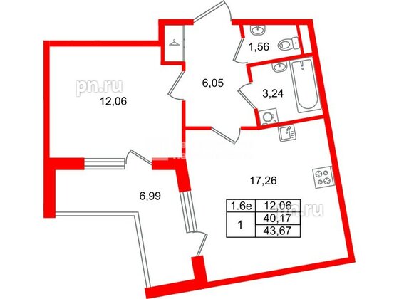 Квартира в ЖК «Парадный ансамбль», 1 комнатная, 40.17 м², 2 этаж