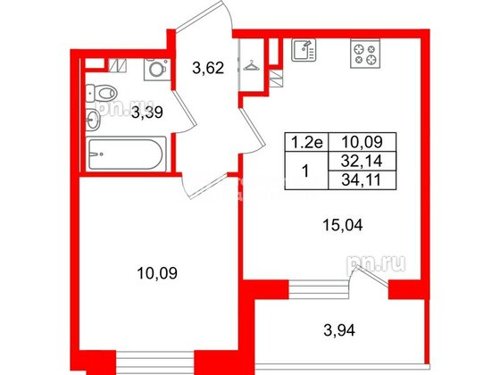 Квартира в ЖК «Парадный ансамбль», 1 комнатная, 32.14 м², 4 этаж