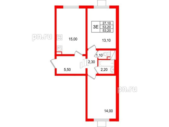 Квартира в ЖК 'Цветной город', 2 комнатная, 53.2 м², 4 этаж