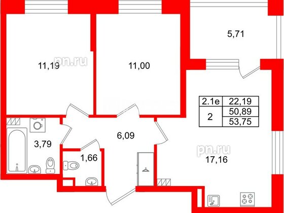 Квартира в ЖК «Парадный ансамбль», 2 комнатная, 50.89 м², 5 этаж