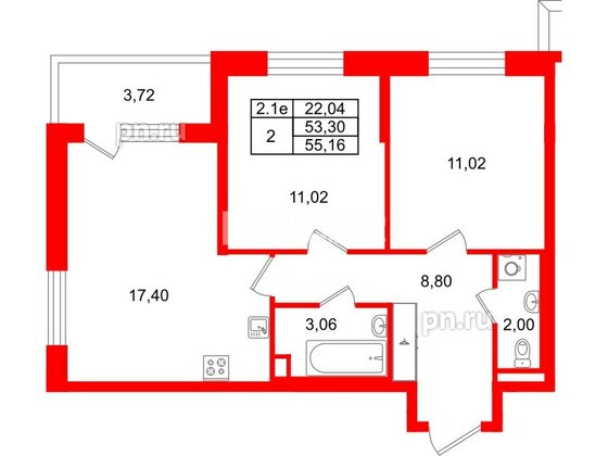 Квартира в ЖК «Парадный ансамбль», 2 комнатная, 53.3 м², 2 этаж