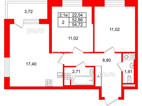 Квартира в ЖК «Парадный ансамбль», 2 комнатная, 52.86 м², 5 этаж